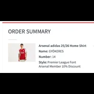 Order summary for an Arsenal shirt with Gyökeres and the number 14 on the back.