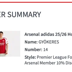 Order summary for an Arsenal shirt with Gyökeres and the number 14 on the back.